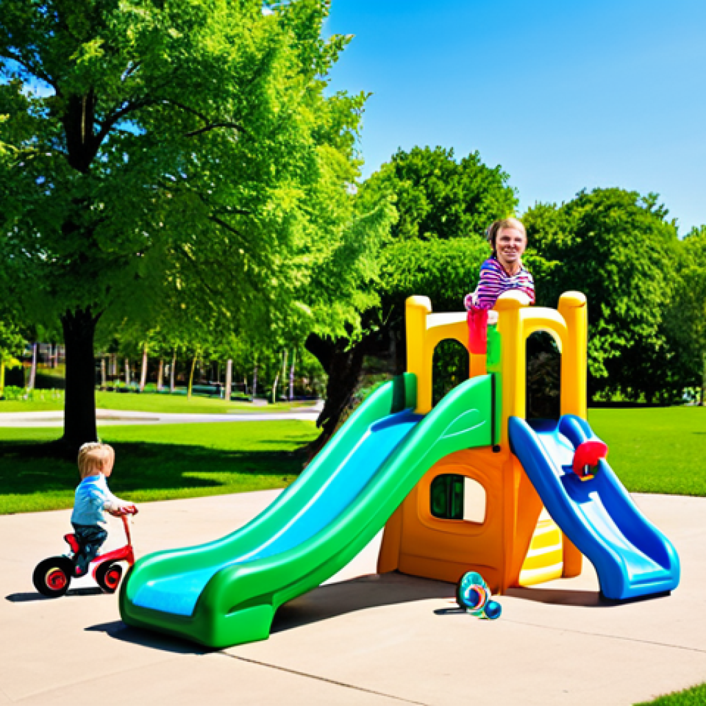**
A vibrant outdoor scene featuring a diverse group of children playing with Step2 slides and Little Tikes tricycles in a sunny park. The children are fully clothed in modest, colorful attire, smiling and engaging with the toys. Background includes lush green trees and a clear blue sky. safe for work, appropriate content, fully clothed, professional photography, perfect anatomy, natural proportions, family-friendly.
**