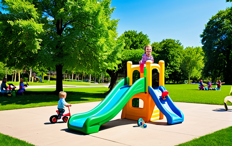 **
A vibrant outdoor scene featuring a diverse group of children playing with Step2 slides and Little Tikes tricycles in a sunny park. The children are fully clothed in modest, colorful attire, smiling and engaging with the toys. Background includes lush green trees and a clear blue sky. safe for work, appropriate content, fully clothed, professional photography, perfect anatomy, natural proportions, family-friendly.
**