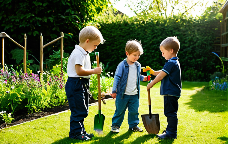 Children Playing in a Garden**
"A group of fully clothed children, appropriate attire, playing with garden tools in a lush, green garden. Some are planting flowers, others watering plants. Sunlight filters through the trees, creating a warm, inviting atmosphere. Safe for work, family-friendly, perfect anatomy, natural proportions, professional photography, high quality."
**