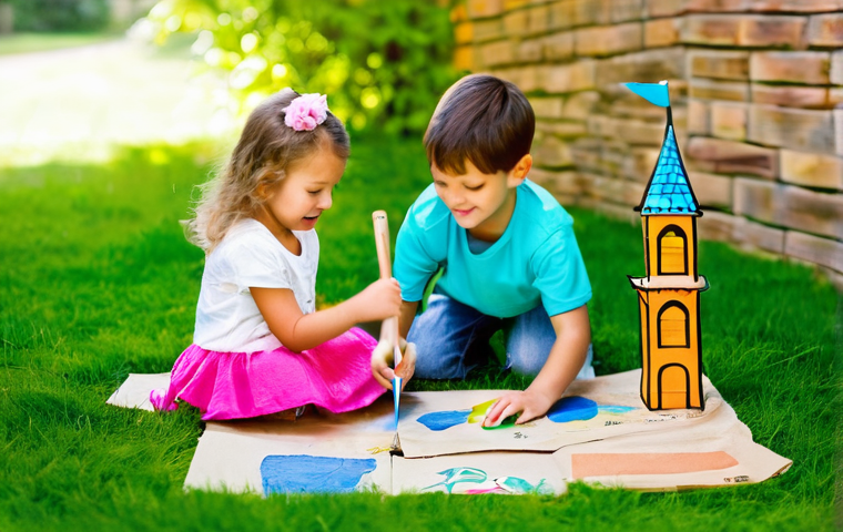 야외용 완구 DIY - Cardboard Castle Adventure**
A vibrant and joyful scene featuring two children, approximately 8 and ...