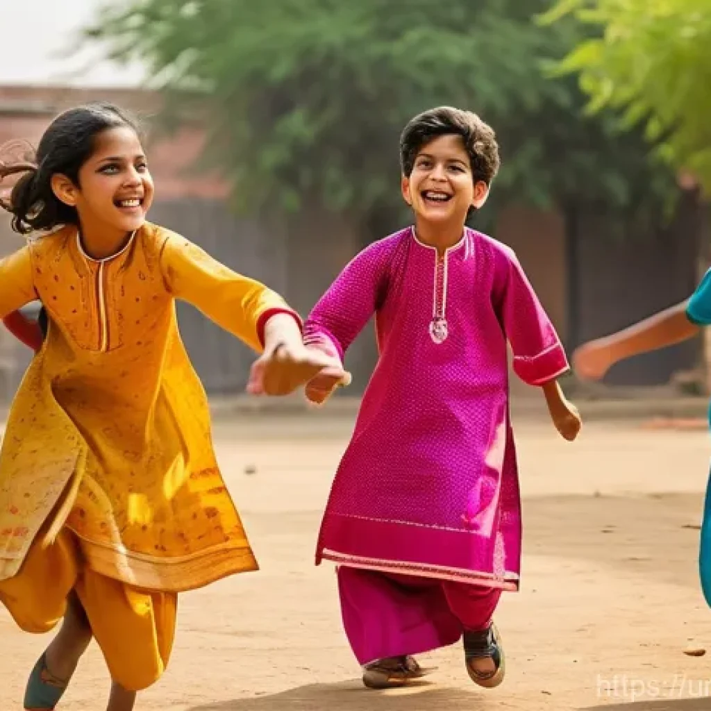 야외용 완구와 전통 놀이 - **"A vibrant, high-angle shot of a group of joyful Pakistani children, aged 6-12, fully clothed in m...