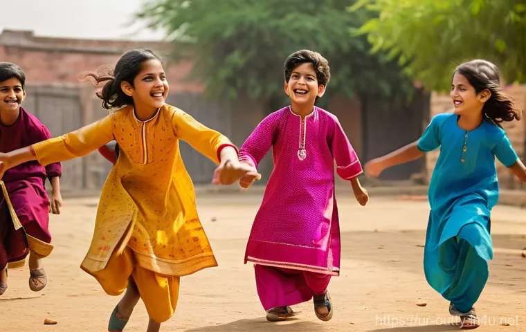 야외용 완구와 전통 놀이 - **"A vibrant, high-angle shot of a group of joyful Pakistani children, aged 6-12, fully clothed in m...
