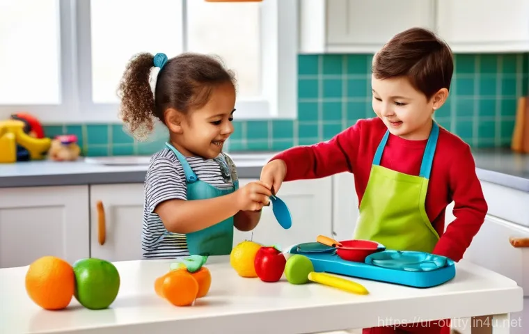 야외용 완구 테마별 추천 - Image Prompt 1: Imaginative Role-Play with a Kitchen Set**