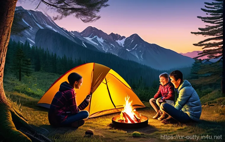 야외용 완구와 캠핑 - **Prompt:** A vibrant and joyful scene featuring three diverse children, approximately 6-10 years ol...