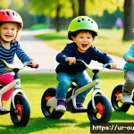 Home 17 야외용 완구 신제품 - A lively outdoor scene featuring children aged 3 to 7 happily riding modern balance bikes made of me...