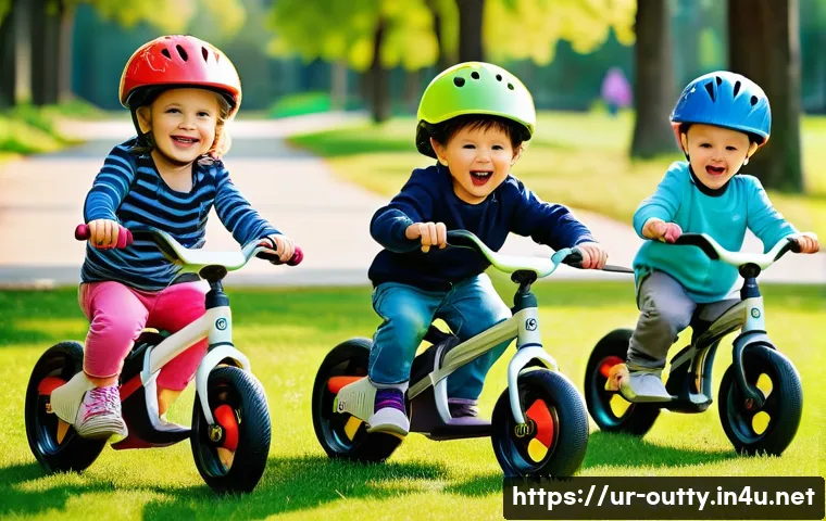 야외용 완구 신제품 - A lively outdoor scene featuring children aged 3 to 7 happily riding modern balance bikes made of me...