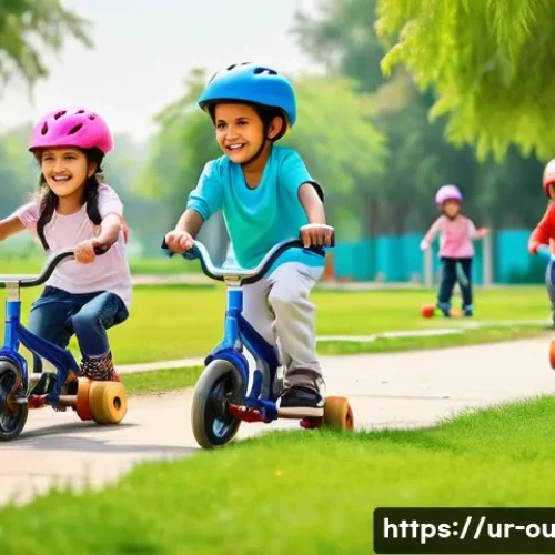 Home 28 야외용 완구의 운동 효과 - A lively outdoor playground scene in a sunny park in Pakistan, featuring children aged 5 to 8 playin...