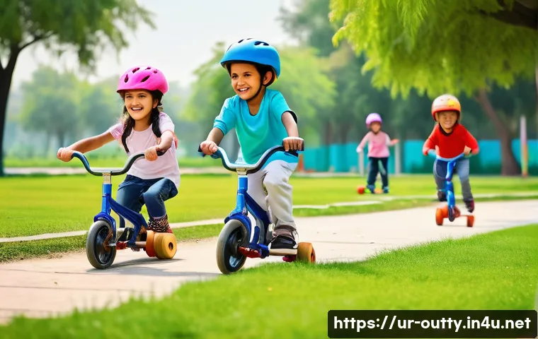야외용 완구의 운동 효과 - A lively outdoor playground scene in a sunny park in Pakistan, featuring children aged 5 to 8 playin...