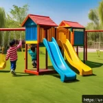 Home 21 야외용 완구 추천 사이트 - A vibrant outdoor playground scene in a lush green garden during spring in Pakistan, featuring child...