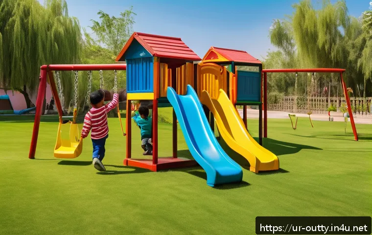 야외용 완구 추천 사이트 - A vibrant outdoor playground scene in a lush green garden during spring in Pakistan, featuring child...