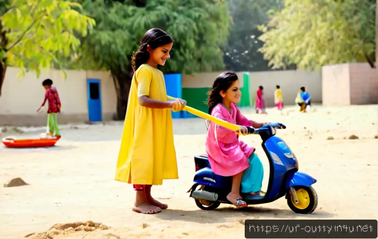 Home 17 야외용 완구의 성별 차이 - Photorealistic sunny neighborhood park in Pakistan, two elementary-age children of different genders...
