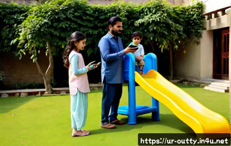 야외용 완구 사용자 리뷰 - Photorealistic outdoor family toy review scene in a sunny Lahore-style garden courtyard, a Pakistani...
