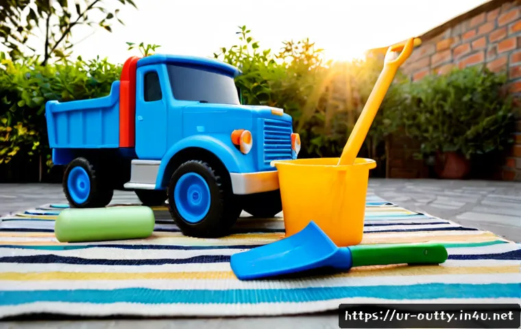 야외용 완구 재질별 비교 - Photorealistic outdoor toy material comparison arranged on a clean woven mat in a sunny Pakistani fa...
